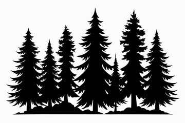 Obraz premium Pine tree silhouettes, Fir trees silhouette. Evergreen forest firs and spruces black shapes, wild nature trees templates. Vector illustration woodland trees set on white background