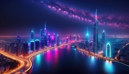 Obraz premium Neon city, Neon lights city background, neon city glowing with night sky view from drone aerial 