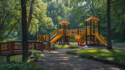 A yellow playground equipment in the middle of an outdoor park with trees and green grass, a small bridge over water on one side, and other play structures behind it.