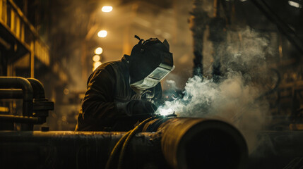 A welder wears a mask and works on a pipe in a dim workshop. Smoke from the welding process fills the air, creating an obscured view of the welder's face.
