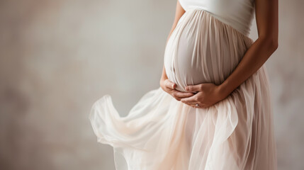 Fototapeta premium Close-up of a pregnant woman in a flowing dress holding her belly, symbolizing motherhood, pregnancy, and maternal love.