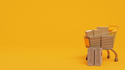 Shopping promotion copy background. Shopping cart 3d render illustration © yustika