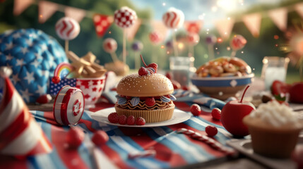 Obraz premium Festive outdoor picnic with delicious burger, desserts, and vibrant decorations in bright colors, perfect for a summer celebration.
