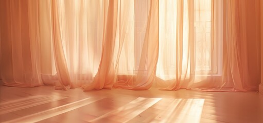 Backlit window with delicate beige-pink translucent curtains in an empty room. Peach fuzz color 2024