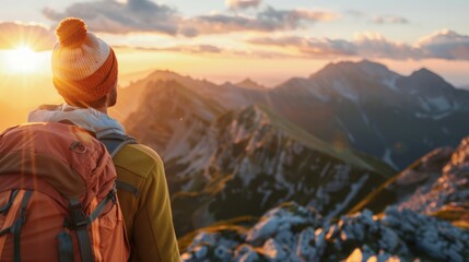 An elated traveler gazes out at the panoramic mountain vista, their face illuminated by the warm glow of the setting sun, their joy evident as they soak in the breathtaking scenery, with the