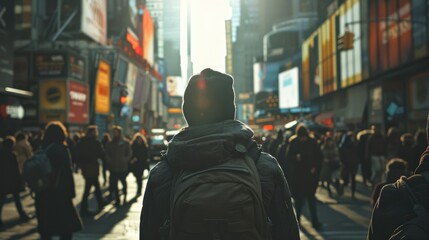 An adventurous traveler embraces the fast-paced lifestyle of the city, weaving through crowds and skyscrapers with a sense of purpose and determination, embodying a dynamic and ambitious spirit, with