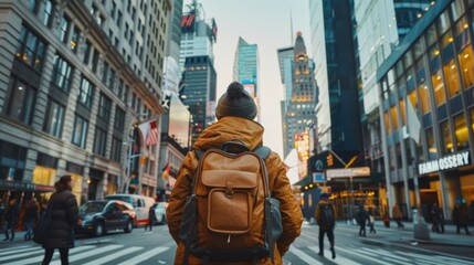 Fototapeta premium A determined traveler strides through the cityscape with a sense of urgency and drive, their ambitious mood reflected in the bustling surroundings, with ample copy space available for custom messages
