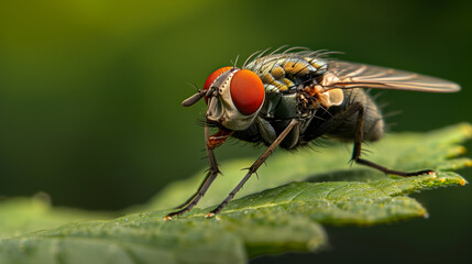 Naklejka premium Close-up macro shot of a fly, highlighting intricate details and vibrant colors with Sony Alpha 9 II and 90mm macro lens.