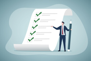 Businessman standing with huge pencil, paper, checklist completed. Business success completed plan concept. Graphic design character vector illustration
