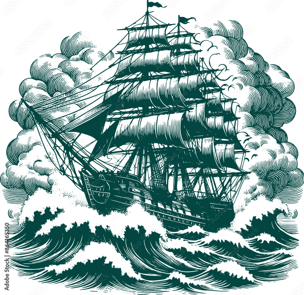 Wall mural drawing of a ship with sails in the waves of a storm