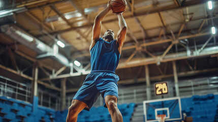 Dynamic biracial male basketball player in blue sportswear executing a perfect jump shot in a modern gym setting.