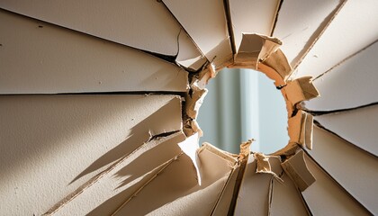 Rough hole punched in brown cardboard, seen up close
