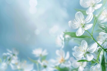 Delicate white spring forest flowers on a blue background. Spring natural flower background. Border of flowers