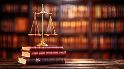 Scales of justice on law books in a library, symbolizing law and order. Legal expertise and comprehensive law knowledge.