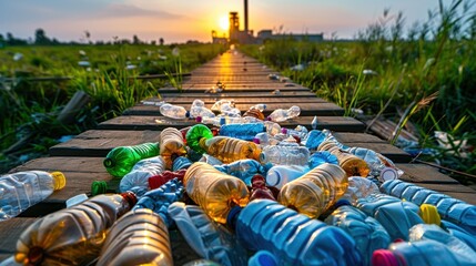 Fototapeta premium Plastic bottles and waste scattered on a wooden path at sunset, highlighting environmental pollution and the urgency of recycling efforts.