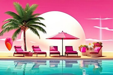 Obraz premium AI Image Generator, swimming pool and loungers umbrellas near beach and sea with palm trees and blue sky
