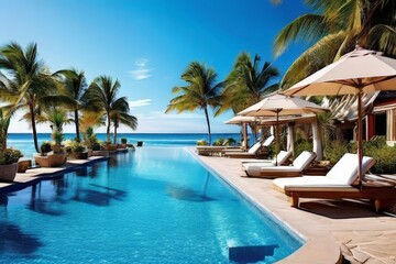 AI Image Generator, swimming pool and loungers umbrellas near beach and sea with palm trees and blue sky