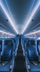 Modern Airplane Cabin with Sleek Blue Leather Seats