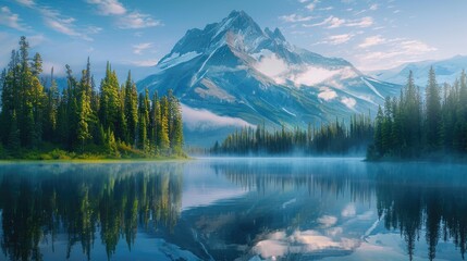 Naklejka premium Scenic view of a mountain and lake in summer