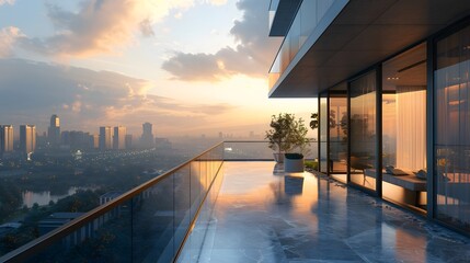 A sleek, contemporary terrace with glass balustrades, offering a panoramic view of the urban skyline under the radiant glow of early morning, complemented by a polished granite floor.