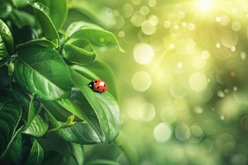 Wide format background image of fresh juicy green leaves and ladybug lit by rays of sun in nature with space for text