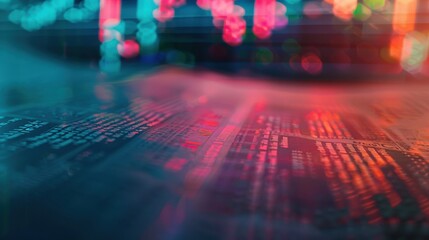 Fototapeta premium Stock chart, financial newspaper, close up, focus on, copy space, vibrant colors, Double exposure silhouette with market analysis