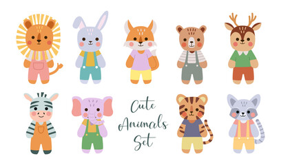 Fototapeta premium Children’s Cute Animals Set. Lion, Bunny, Fox, Bear, Deer, Zebra, Elephant, Tiger, Raccoon. Vector Illustration in Children's Style on White Background.