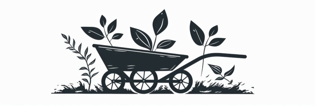 wheelbarrow with plants, black and white clip art preview