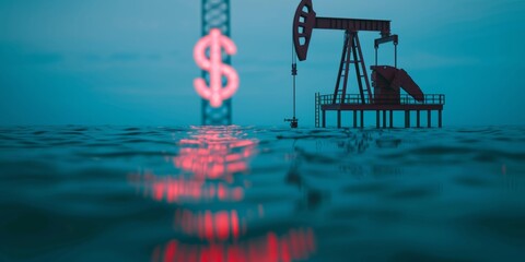 Oil rig with dollar signs in the background, [expensive oil], [market influence]