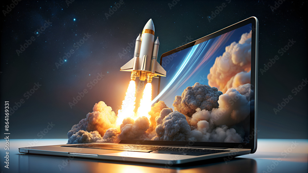 Wall mural launching space rocket from laptop screen. generative ai