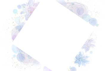 春夏用のアルコールインクアート抽象バナー。水色と紫のシャボン玉と花と四角いスペース　
