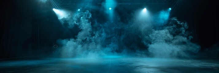 Empty dark stage, neon spotlights, smoke texture background, fog stage interior, showroom