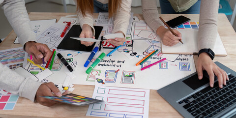 Collaboration UX Developer and UI Designer Brainstorming Session with Creative Tools and Digital...