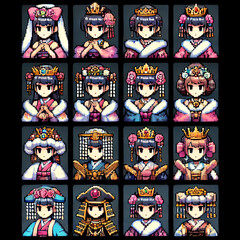 Fototapeta premium Detailed pixel art sprite sheet of Japanese princess for RPG