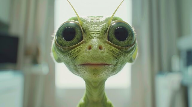 A green alien with big eyes is looking at the camera.