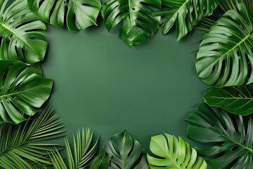 Naklejka premium Tropical leaves framing a blank center, vibrant summer greenery