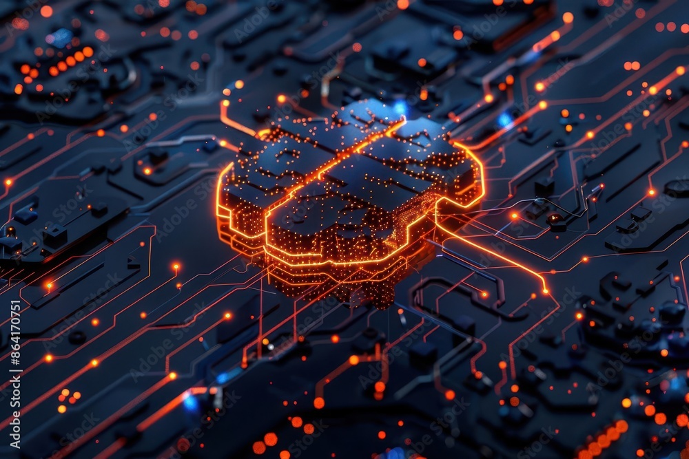 Poster glowing orange neural network superimposed on dark blue circuit board abstract representation of ai with interconnected nodes forming brain shape high contrast futuristic aesthetic