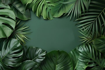 Fototapeta premium Lush tropical leaves frame, blank center, vibrant summer design
