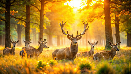 A scene of deers in an autumn forest bathed in golden morning light. Digital art ideal for covers, wallpapers and other projects about wildlife conservation.