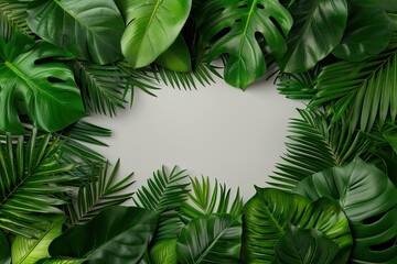 Green tropical leaves framing a blank center, summer vibes