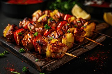 Delicious grilled chicken skewers with vegetables on a wooden board, garnished with fresh herbs and served with lemon wedges.