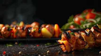 Close-up of delicious grilled chicken skewers with vibrant vegetables on a dark background, perfect for BBQ & culinary content.