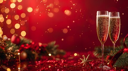Red backdrop featuring sparkling fireworks and champagne glasses for New Year's Eve festivities. Horizontal layout with ample negative space on the left for text.