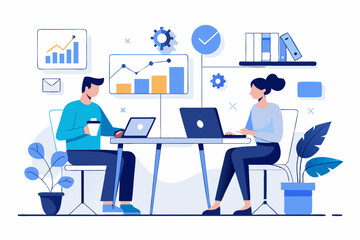 2 employees working in the office, discussing company business together, data analysis and data icons, illustration of technology company, behavior style, geometric shapes, minimalist style, blue 