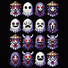 Detailed pixel art sprite sheet of Nurikabe wall yokai for RPG
