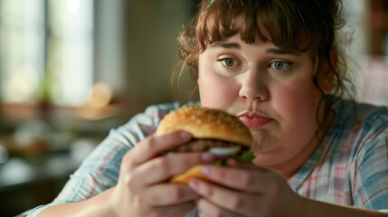 An overweight man holding a burger, looking at it with sadness and longing on his face