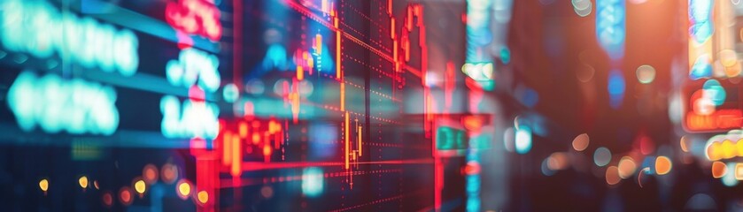 Fototapeta premium Stock chart, Wall Street sign, close up, focus on, copy space, vibrant colors, Double exposure silhouette with financial district