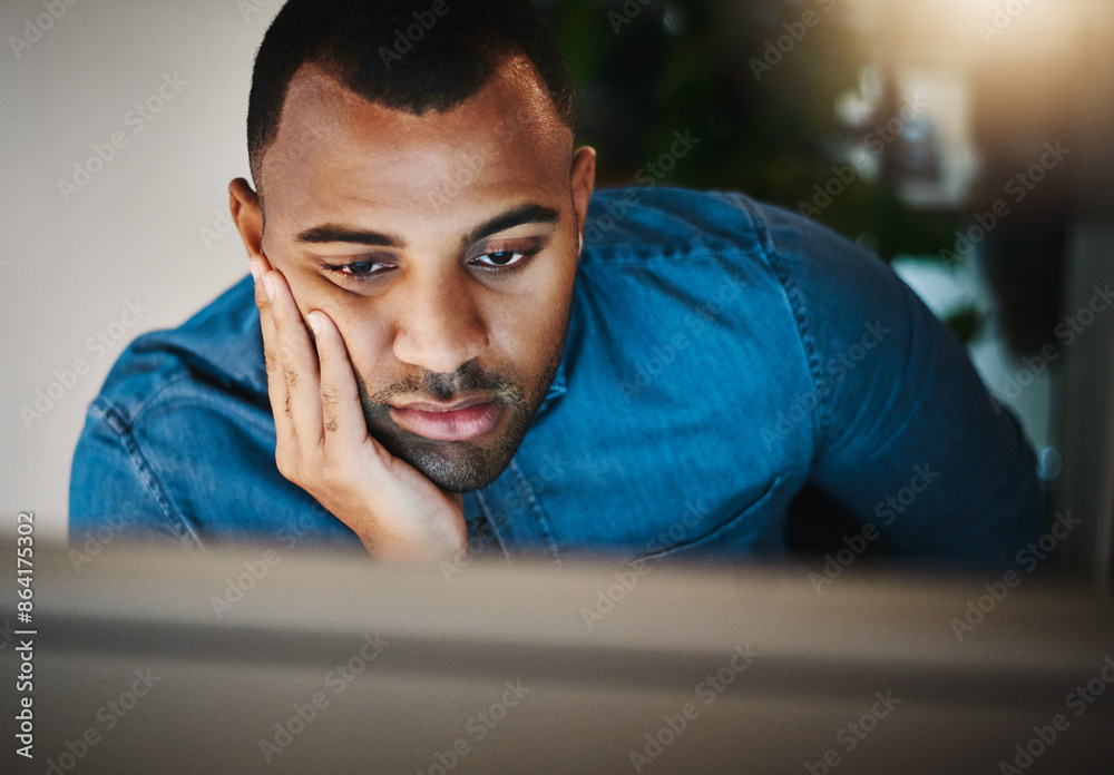 Fototapete Businessman, bored and tired with computer in workplace, problem solving and solution with decision at night. Working late, web designer and monitor for programme, website layout or fatigue in office