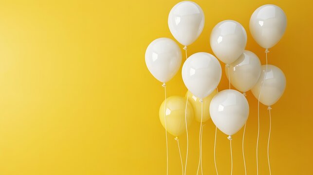 Yellow background with white balloons on the right side, minimalism, space for text, banner, 6d rendering.