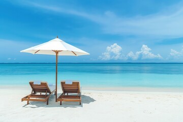 Fototapeta premium A photo of a beach with clear blue water and white sand, featuring sun loungers under an umbrella. The composition evokes a sense of luxury travel, relaxation and vacation.